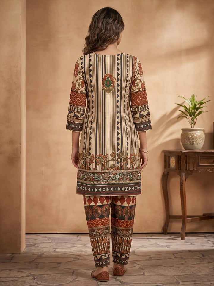 Beige Printed Crepe Kurta Set