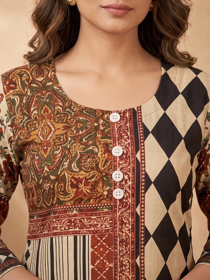 Beige Printed Crepe Kurta Set
