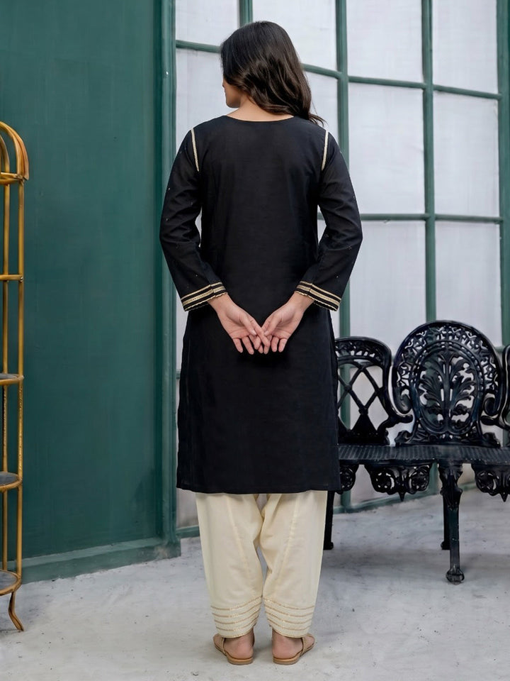 Black Printed Cotton Blend Kurta Set