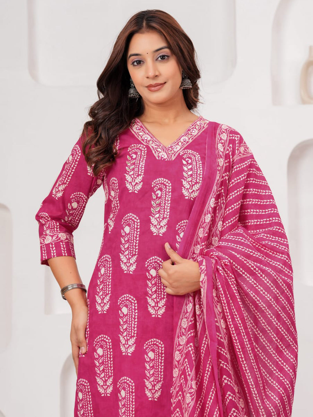 Pink Printed Cotton Blend Kurta With Pant &amp; Dupatta