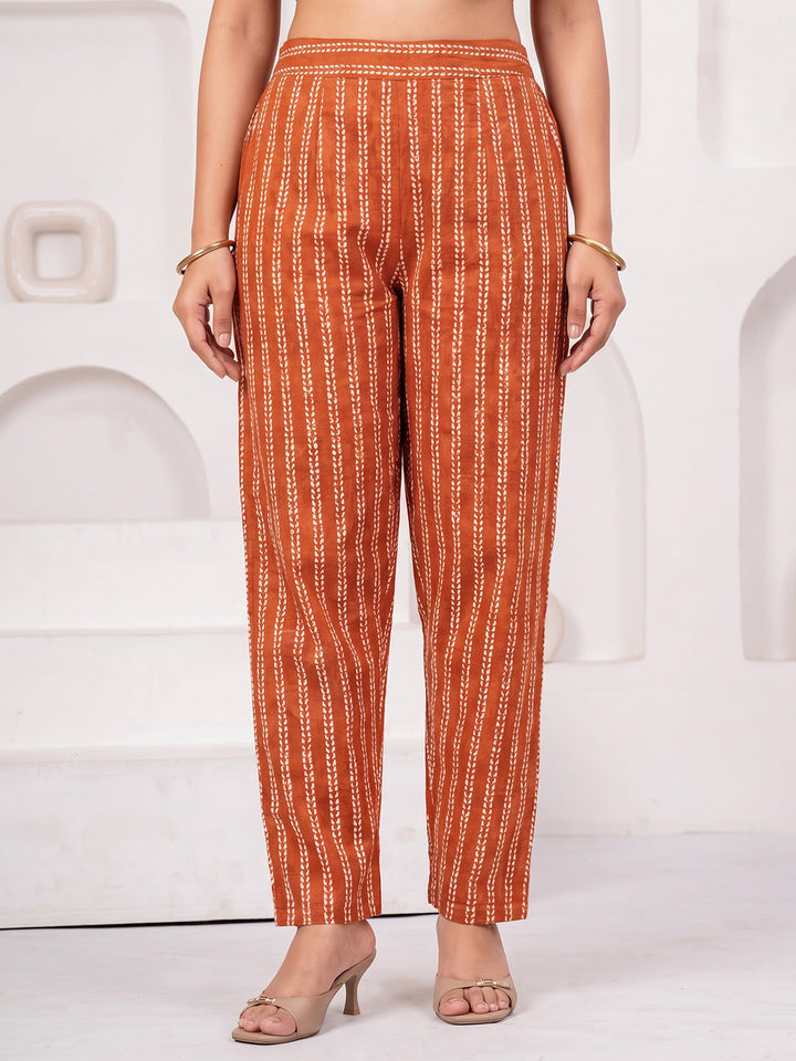 Rust Printed Cotton Blend Kurta With Pant &amp; Dupatta