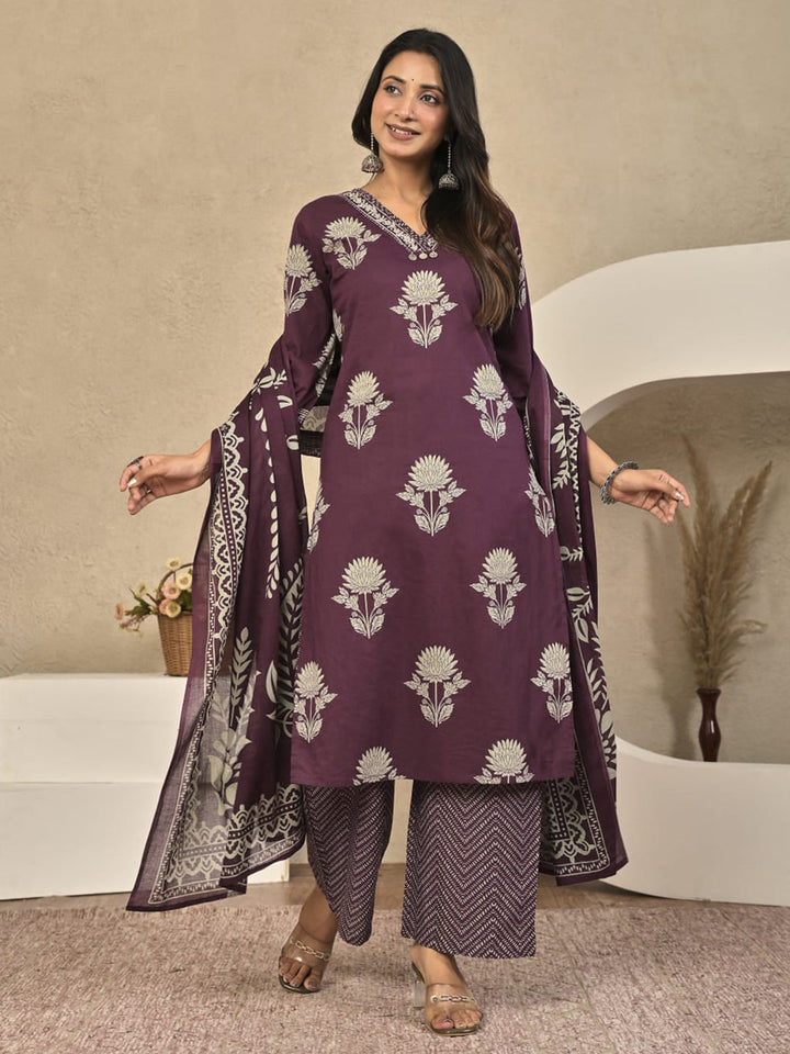 Wine Printed Cotton Blend Kurta With Pant &amp; Dupatta