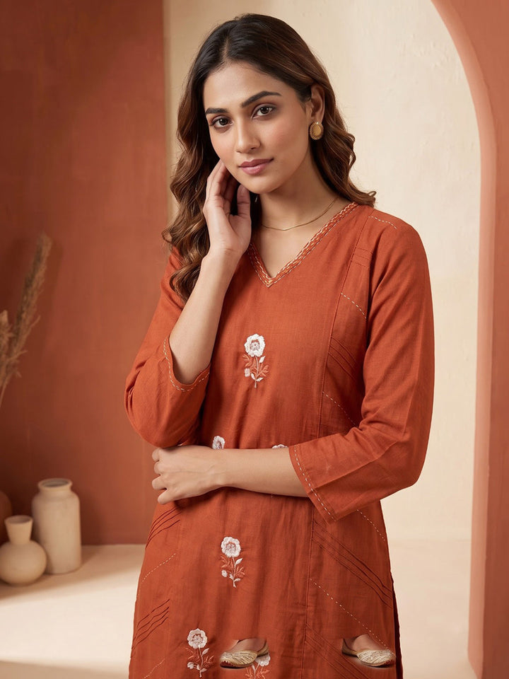 Rust Printed Cotton Blend Kurta With Pant &amp; Dupatta