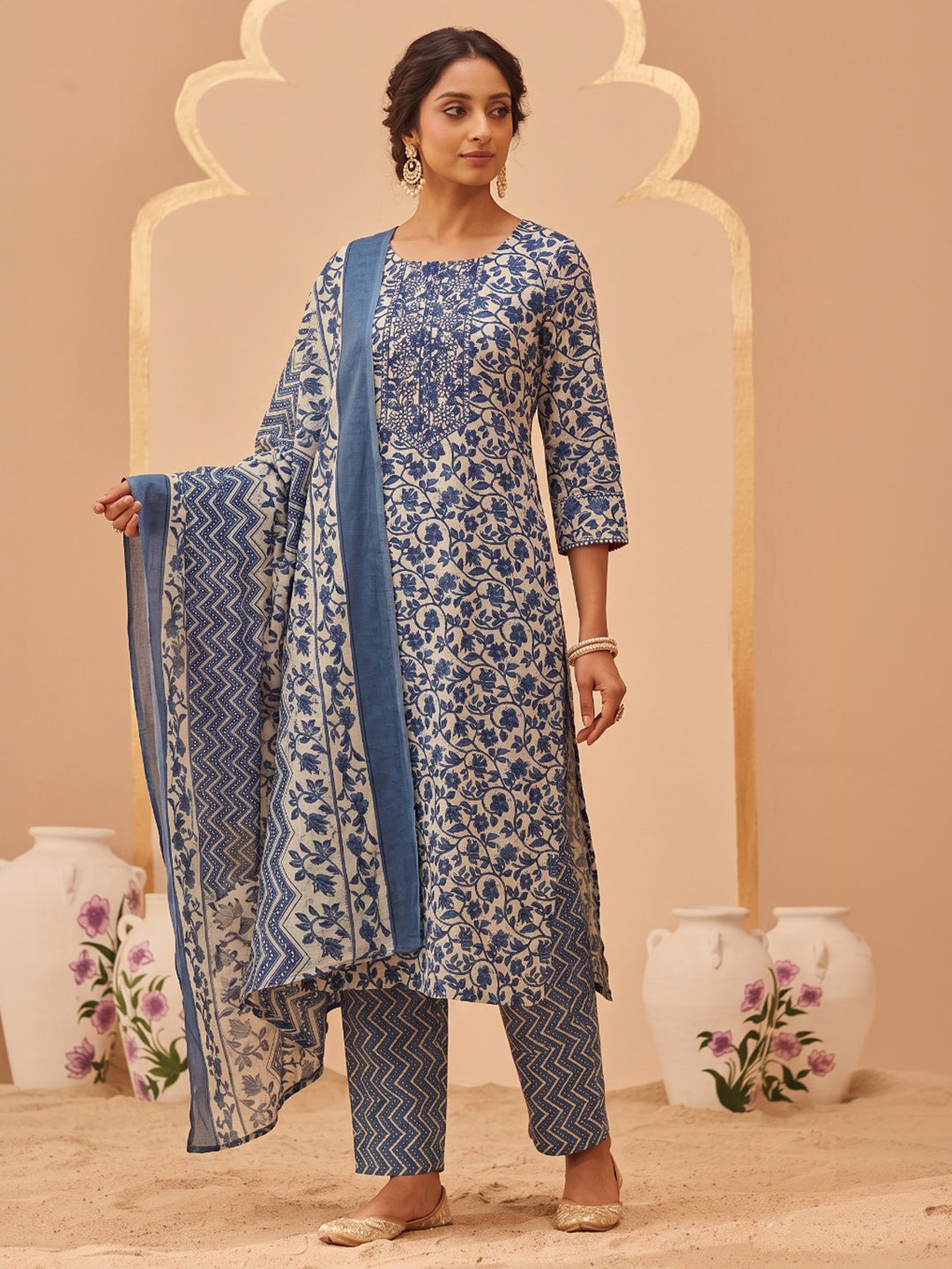 Blue Printed Cotton Blend Kurta With Pant & Dupatta