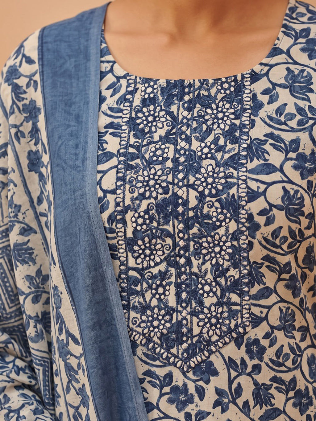 Blue Printed Cotton Blend Kurta With Pant & Dupatta