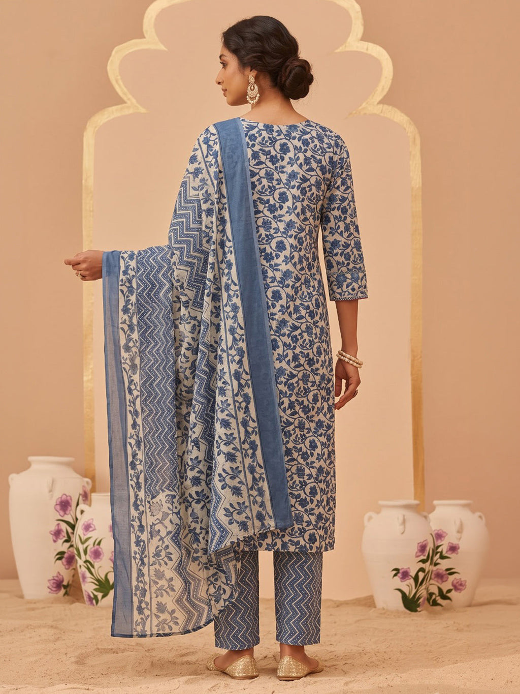 Blue Printed Cotton Blend Kurta With Pant & Dupatta
