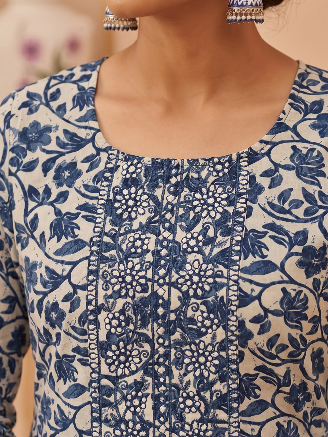 Blue Printed Cotton Blend Kurta With Pant & Dupatta