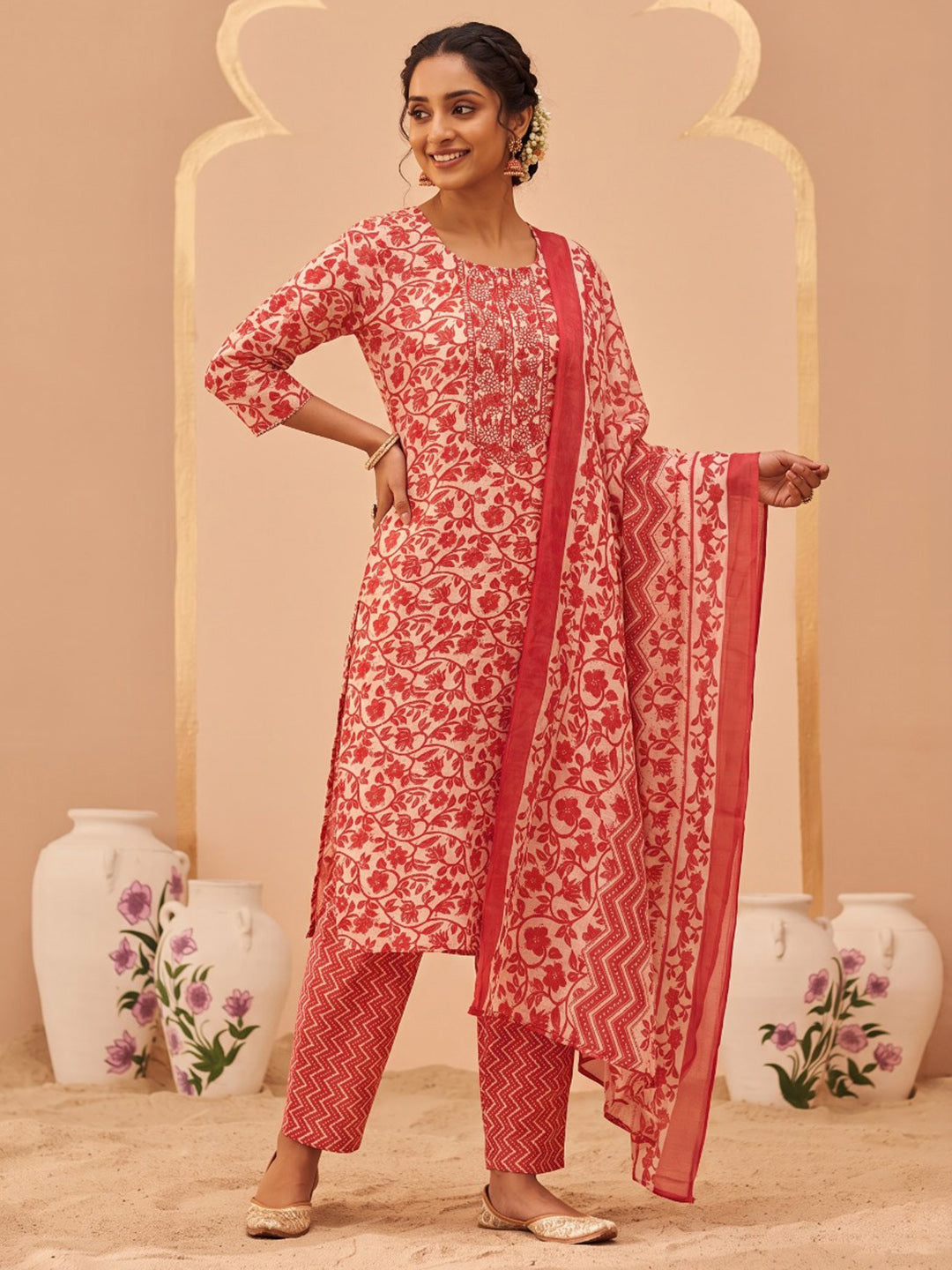 Red Printed Cotton Blend Kurta With Pant & Dupatta