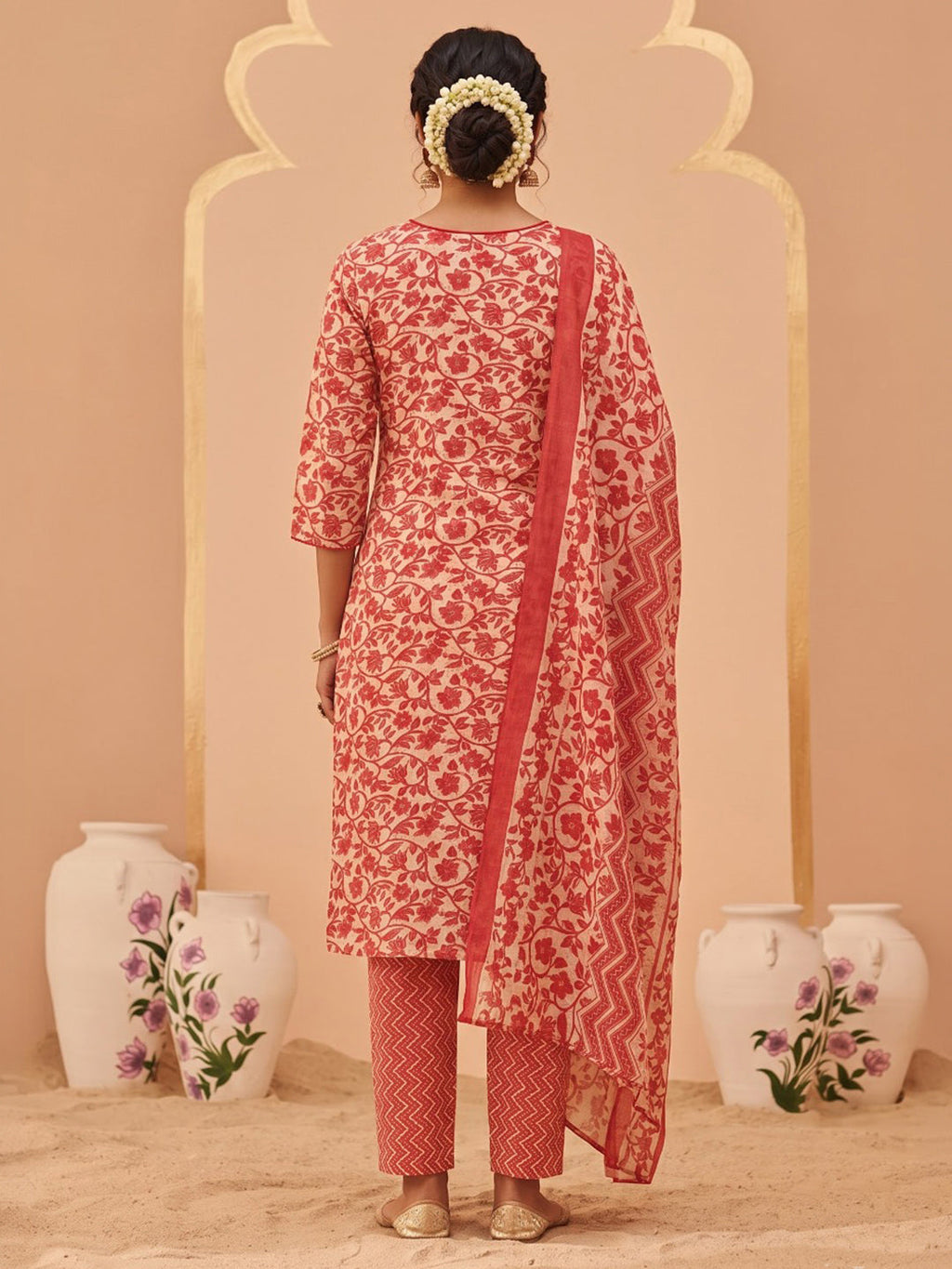 Red Printed Cotton Blend Kurta With Pant & Dupatta