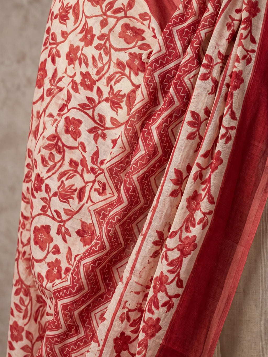 Red Printed Cotton Blend Kurta With Pant & Dupatta