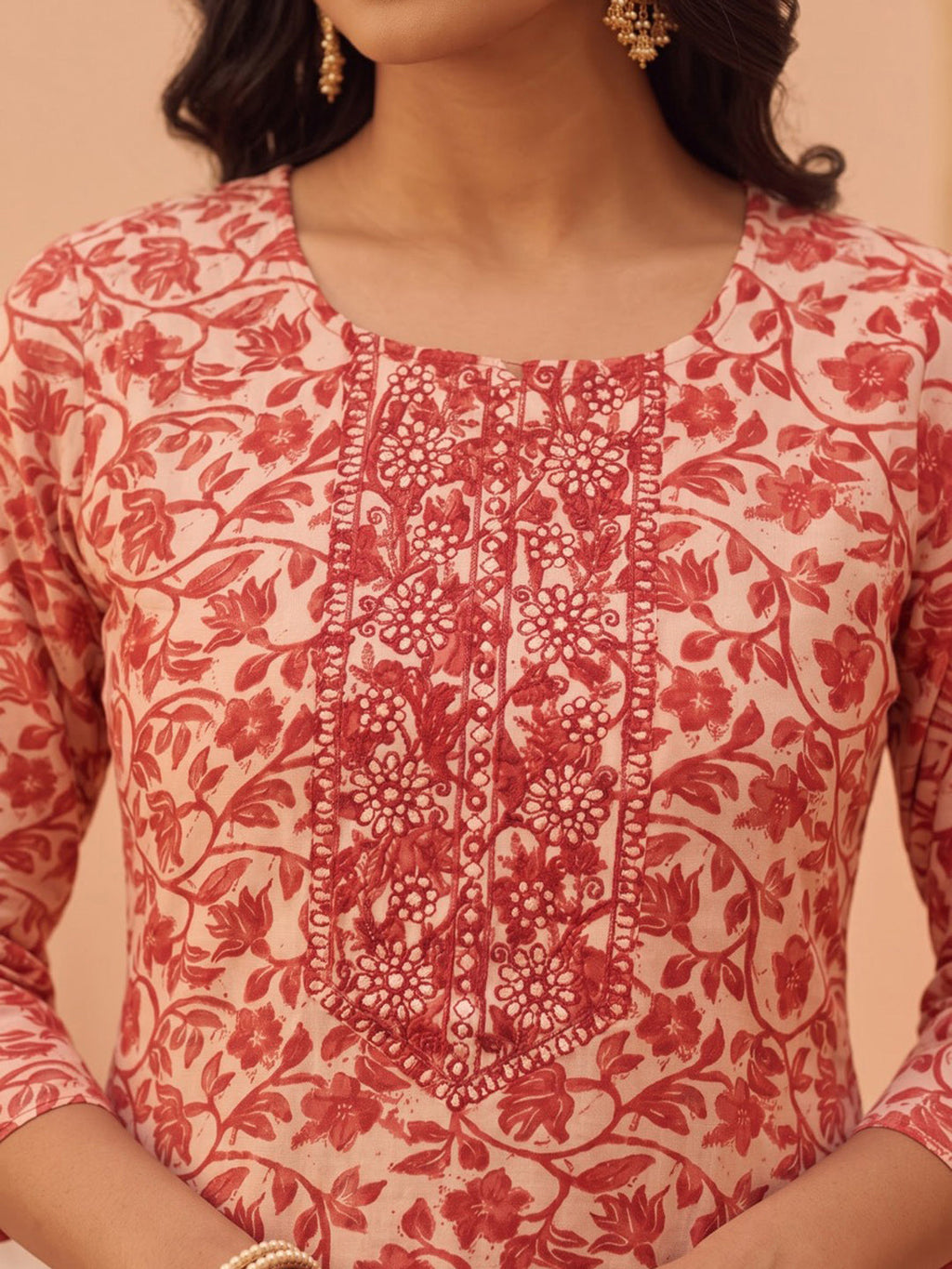 Red Printed Cotton Blend Kurta With Pant & Dupatta