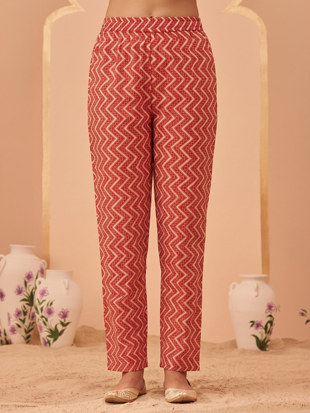 Red Printed Cotton Blend Kurta With Pant & Dupatta