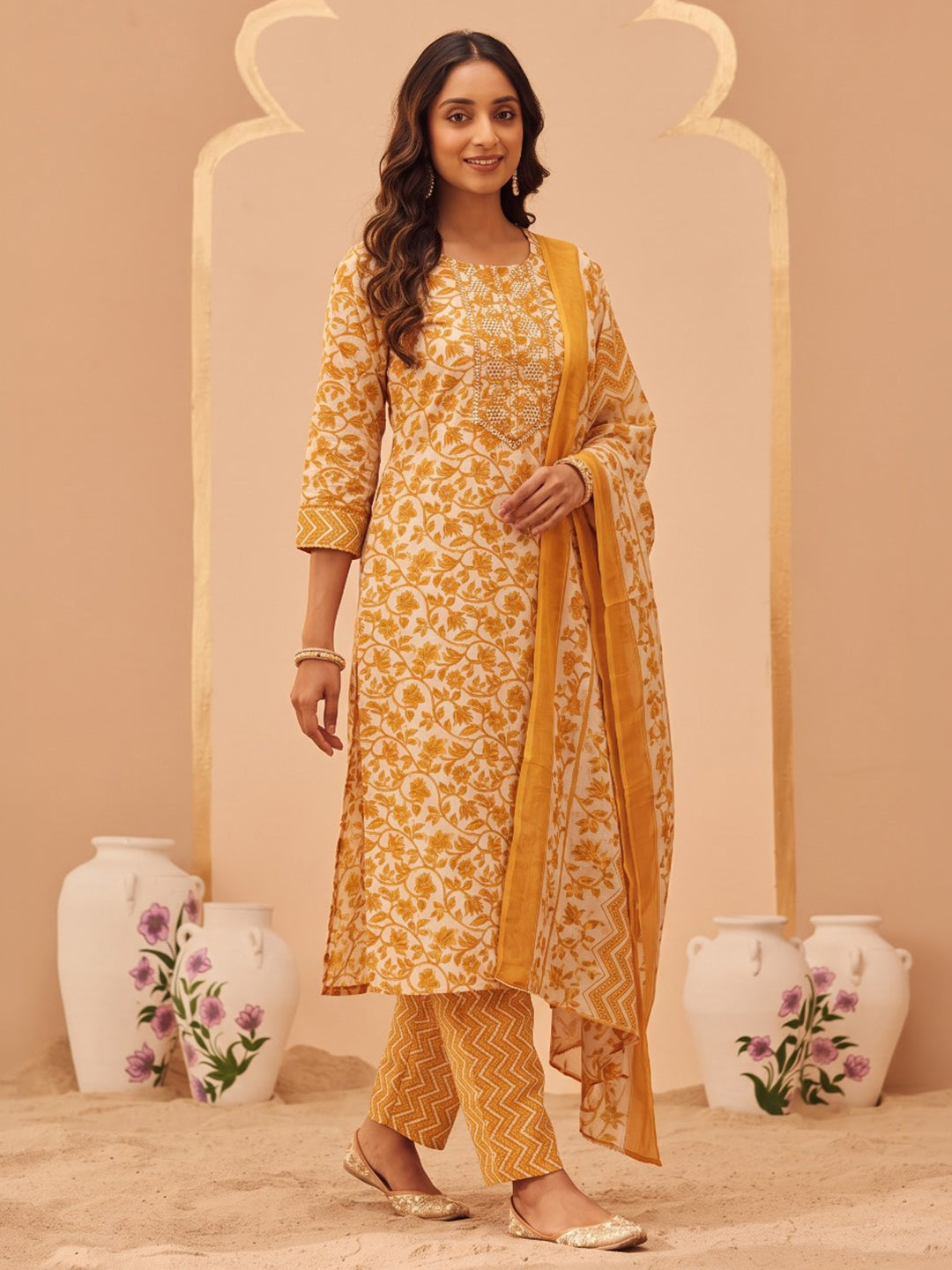 Yellow Printed Cotton Blend Kurta With Pant & Dupatta