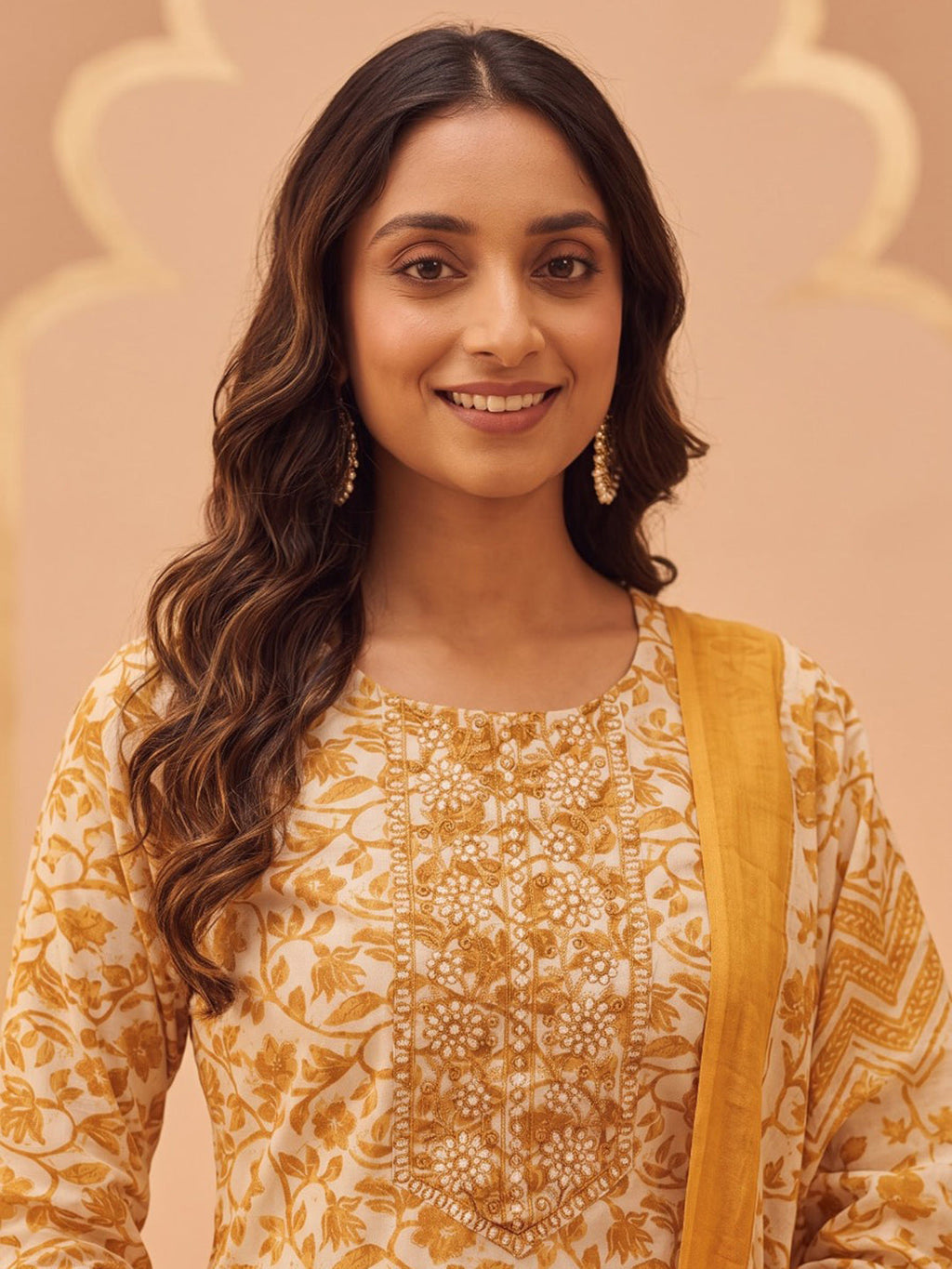 Yellow Printed Cotton Blend Kurta With Pant & Dupatta