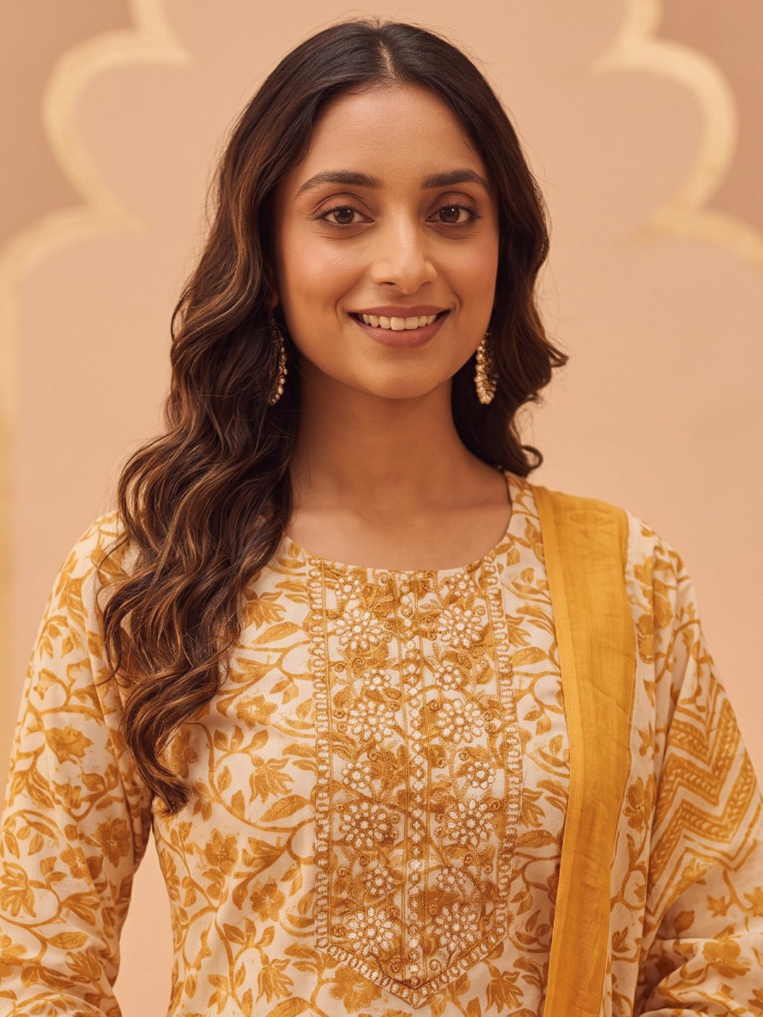Yellow Printed Cotton Blend Kurta With Pant & Dupatta