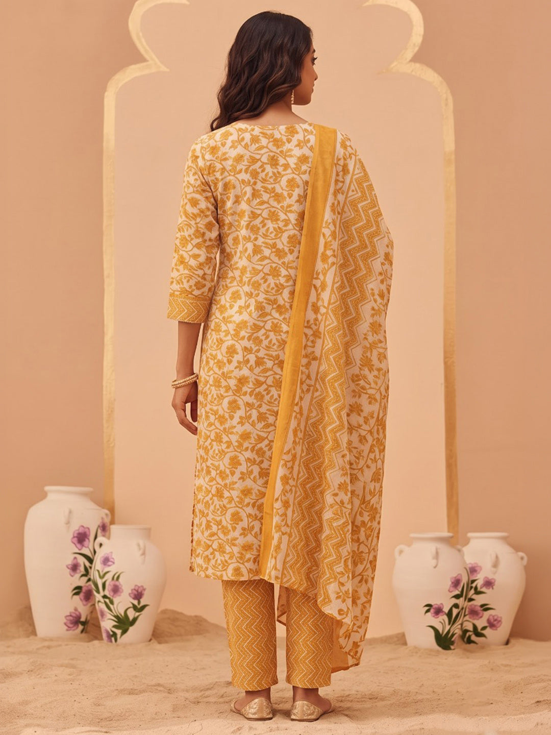 Yellow Printed Cotton Blend Kurta With Pant & Dupatta