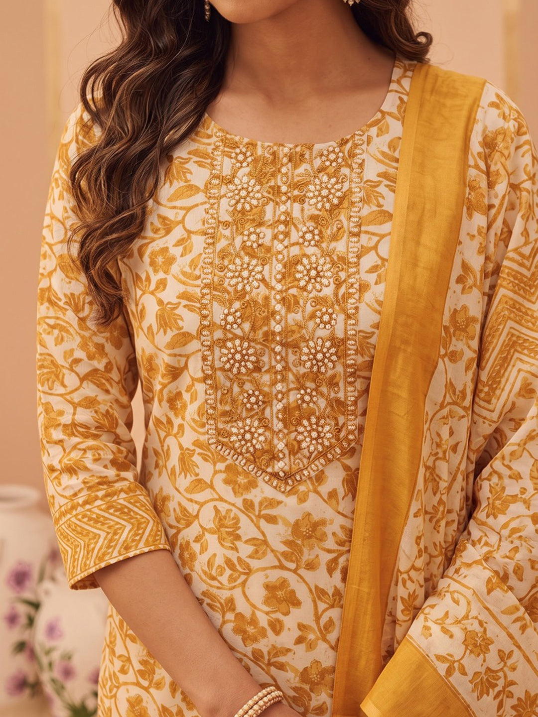 Yellow Printed Cotton Blend Kurta With Pant & Dupatta