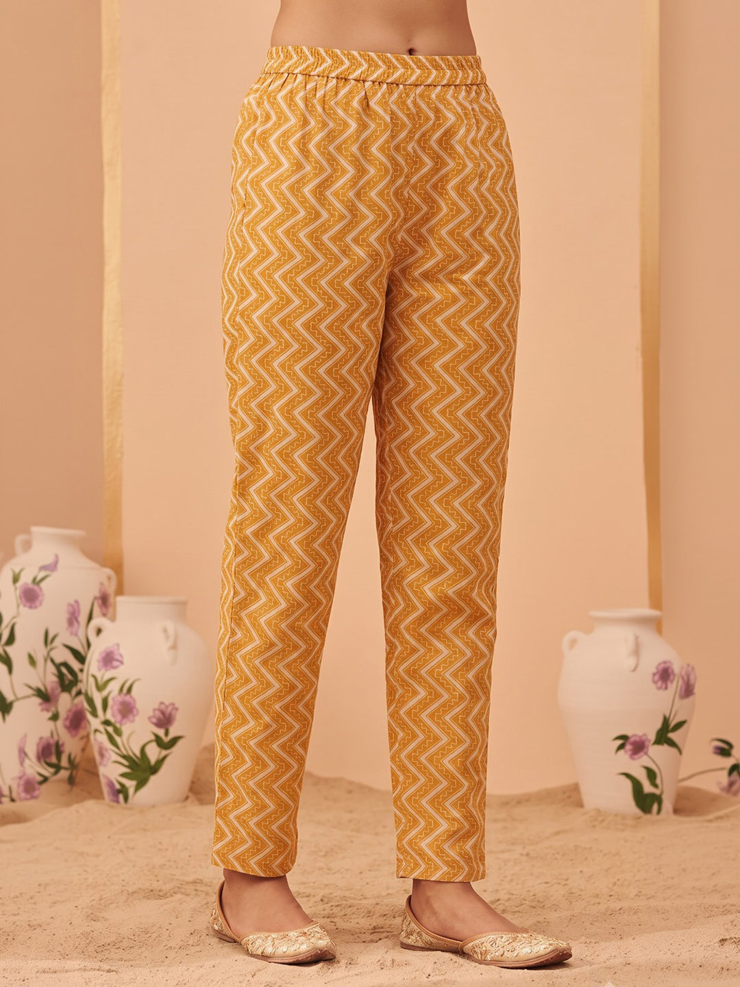 Yellow Printed Cotton Blend Kurta With Pant & Dupatta