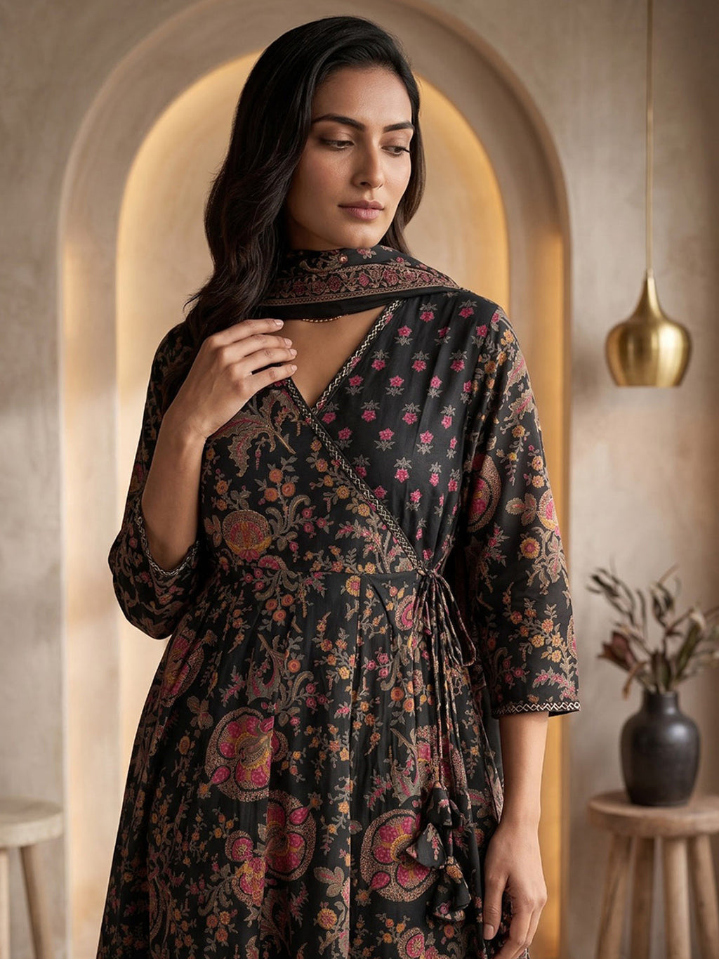 Black Printed Cotton Blend Kurta With Pant & Dupatta