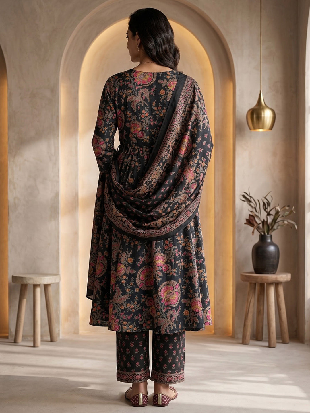 Black Printed Cotton Blend Kurta With Pant & Dupatta