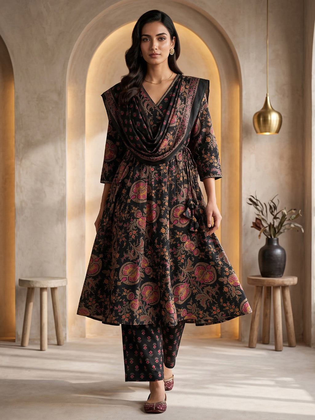 Black Printed Cotton Blend Kurta With Pant & Dupatta