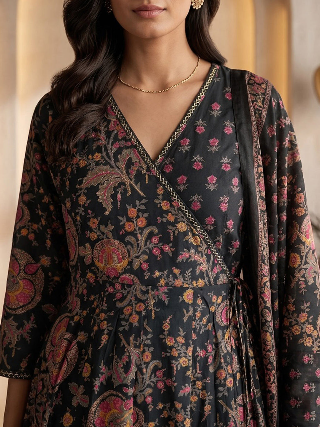 Black Printed Cotton Blend Kurta With Pant & Dupatta