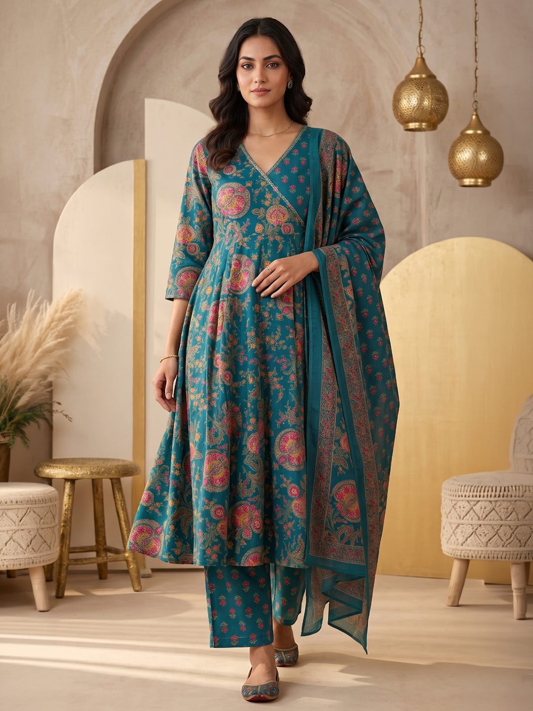 Green Printed Cotton Blend Kurta With Pant & Dupatta