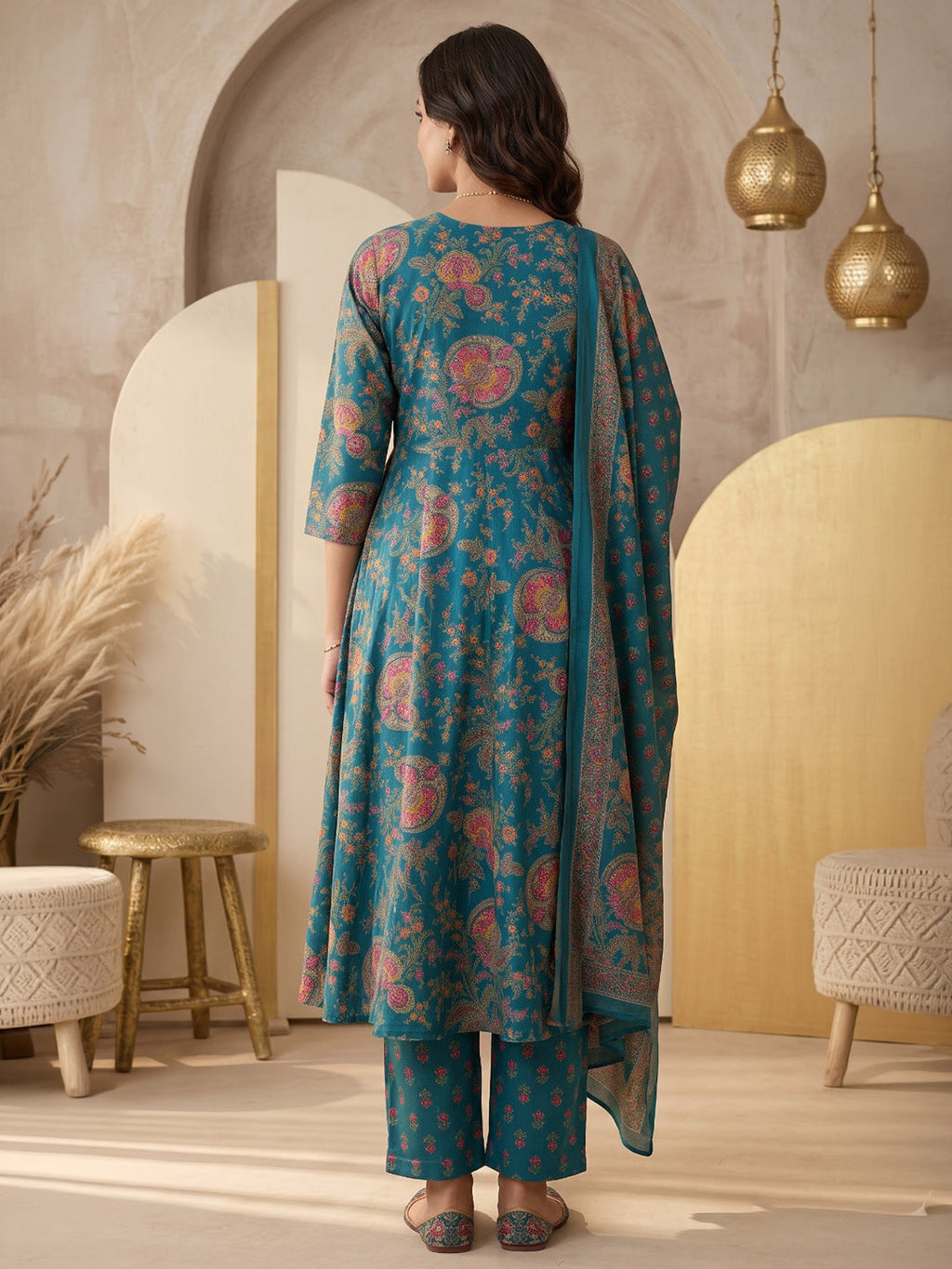 Green Printed Cotton Blend Kurta With Pant & Dupatta