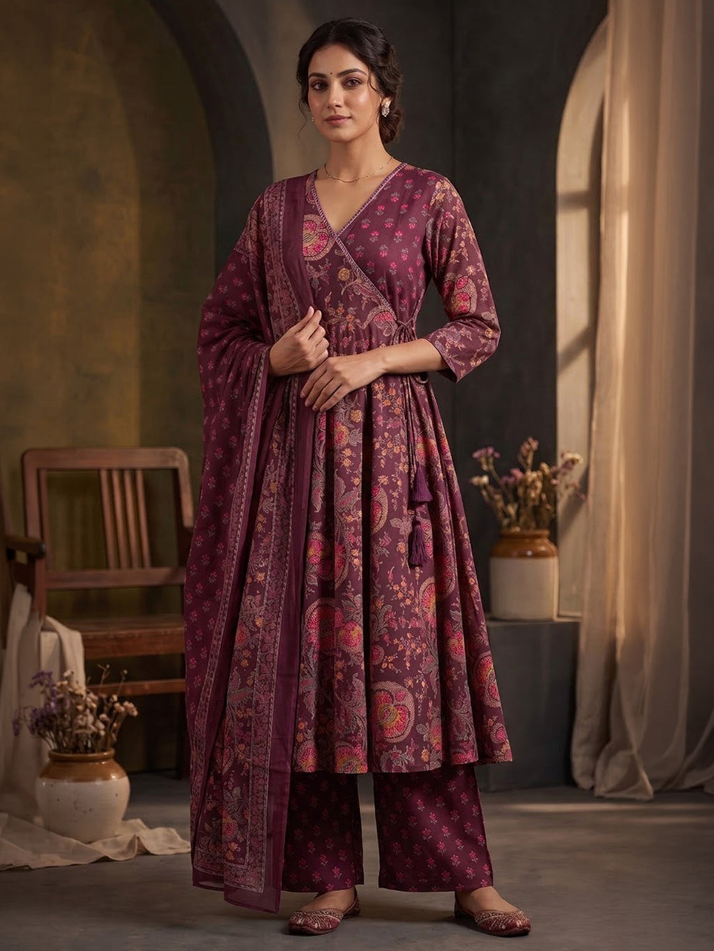 Wine Printed Cotton Blend Kurta With Pant & Dupatta