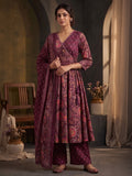 Wine Printed Cotton Blend Kurta With Pant & Dupatta