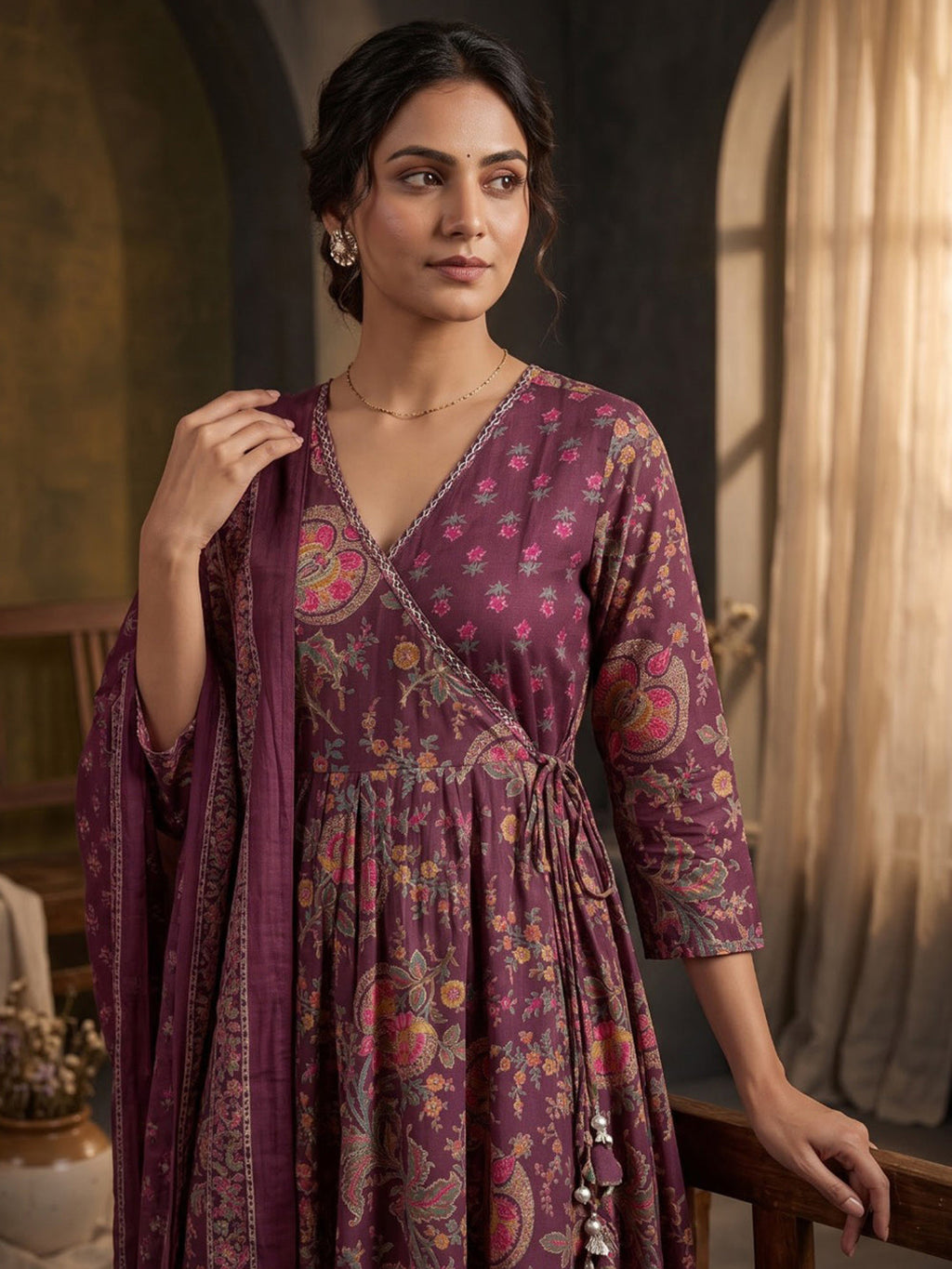 Wine Printed Cotton Blend Kurta With Pant & Dupatta