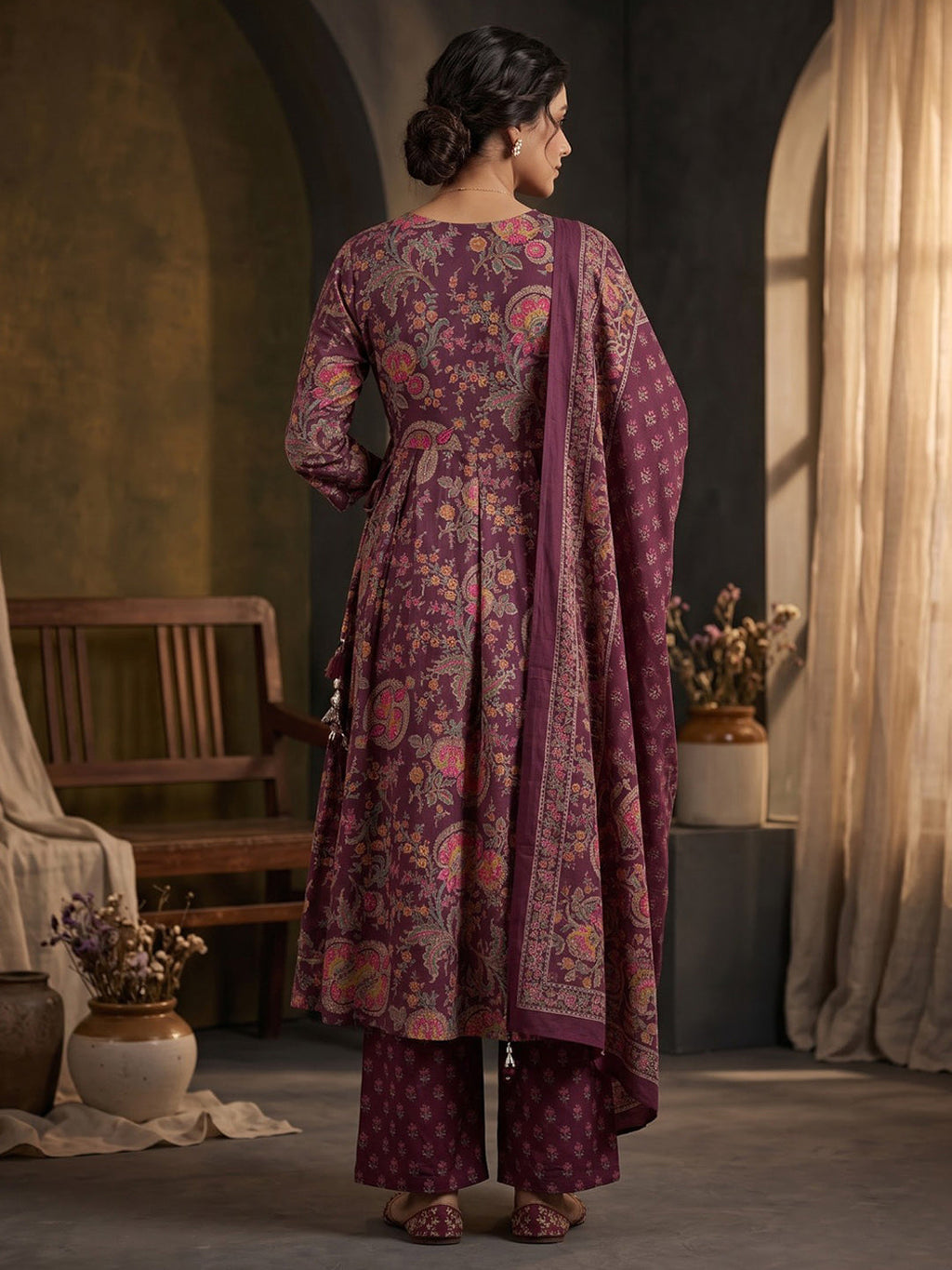 Wine Printed Cotton Blend Kurta With Pant & Dupatta