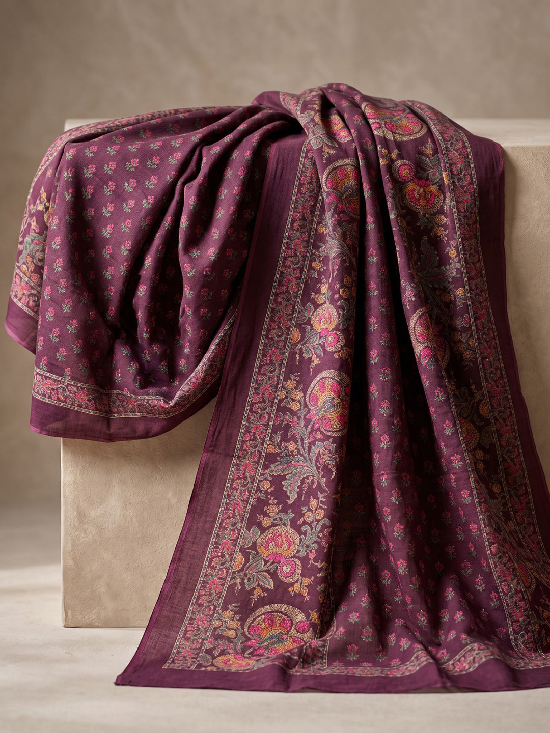 Wine Printed Cotton Blend Kurta With Pant & Dupatta