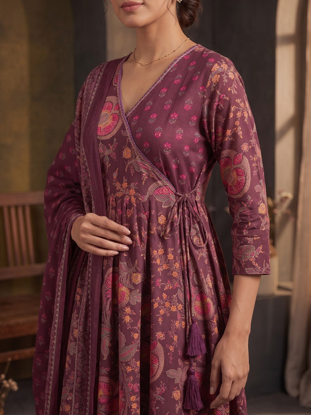 Wine Printed Cotton Blend Kurta With Pant & Dupatta