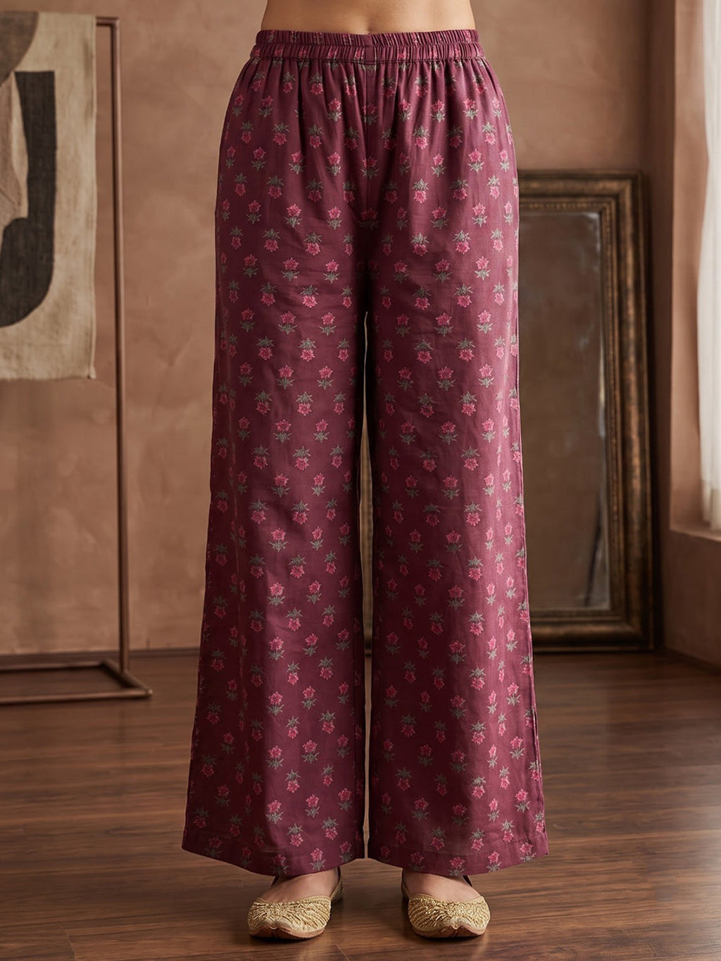 Wine Printed Cotton Blend Kurta With Pant & Dupatta