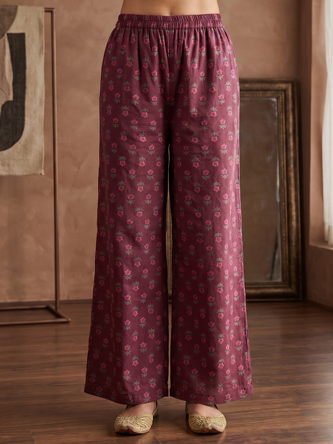 Wine Printed Cotton Blend Kurta With Pant & Dupatta