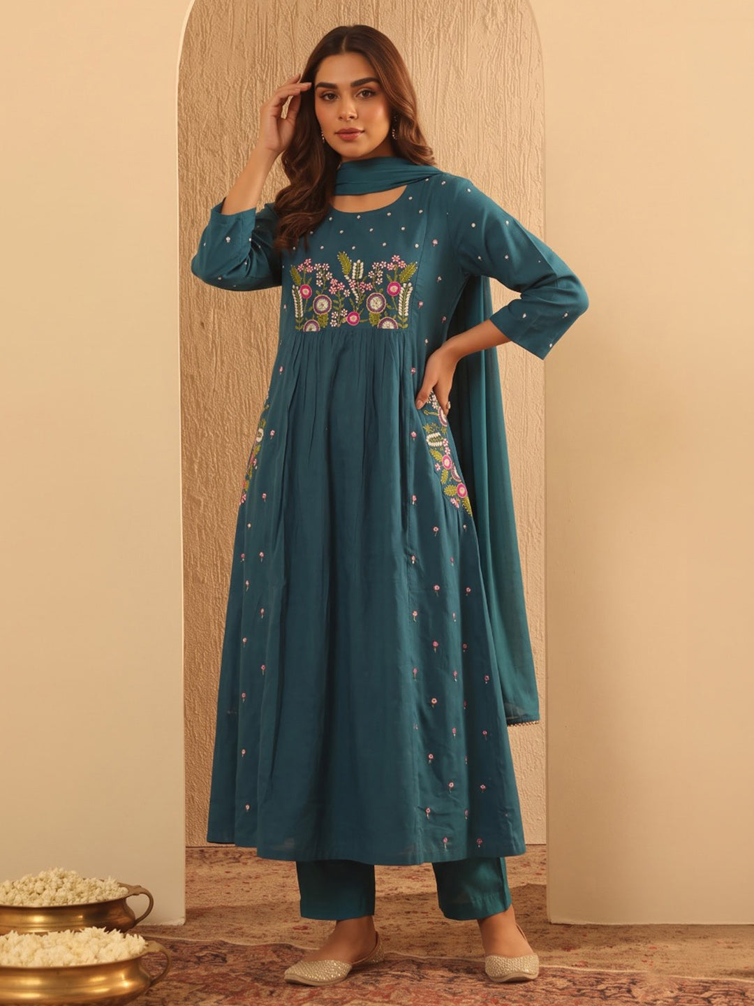 Blue Printed Cotton Blend Kurta With Pant & Dupatta