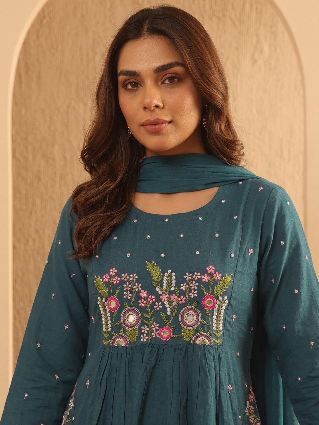 Blue Printed Cotton Blend Kurta With Pant & Dupatta