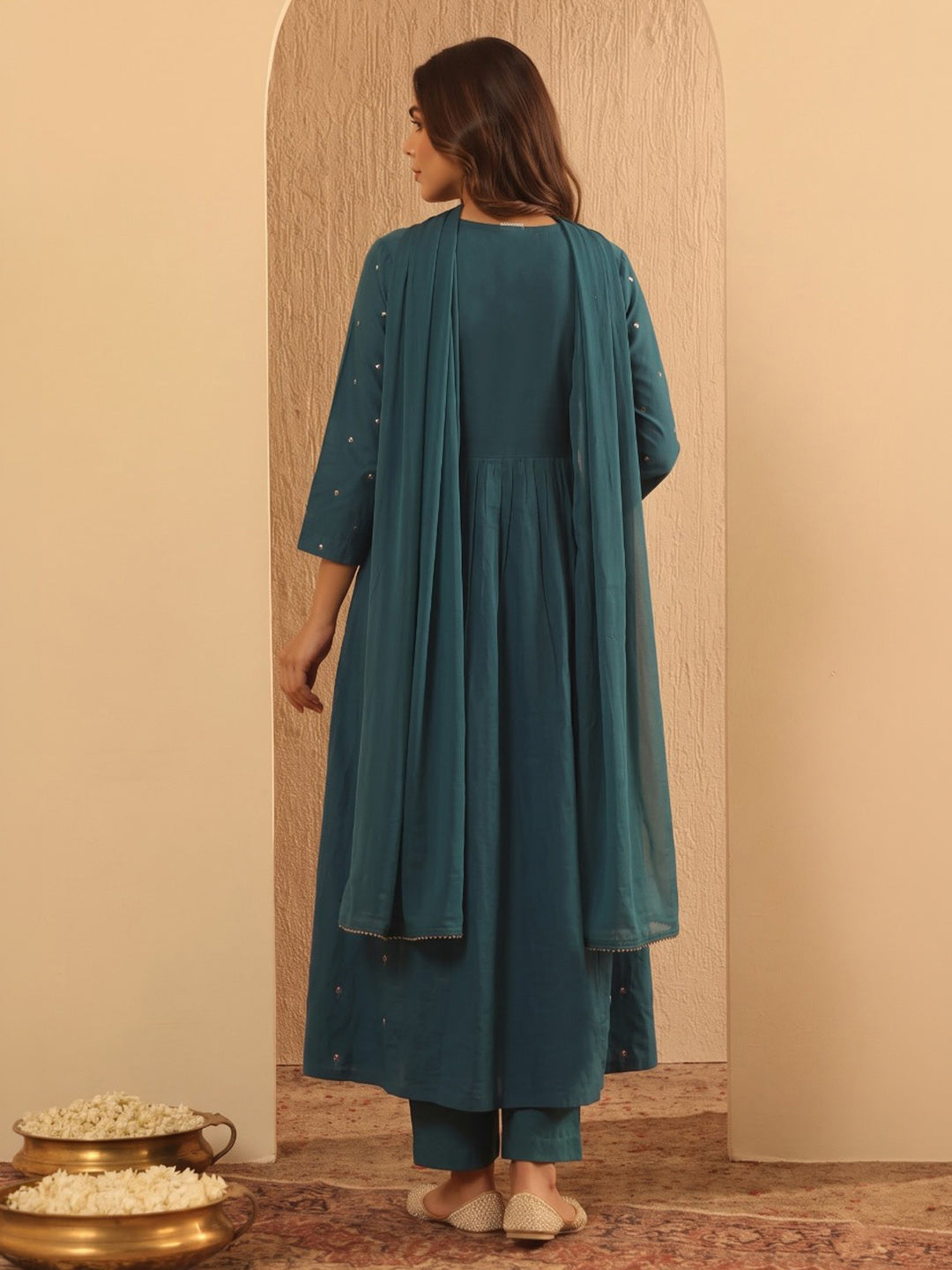 Blue Printed Cotton Blend Kurta With Pant & Dupatta