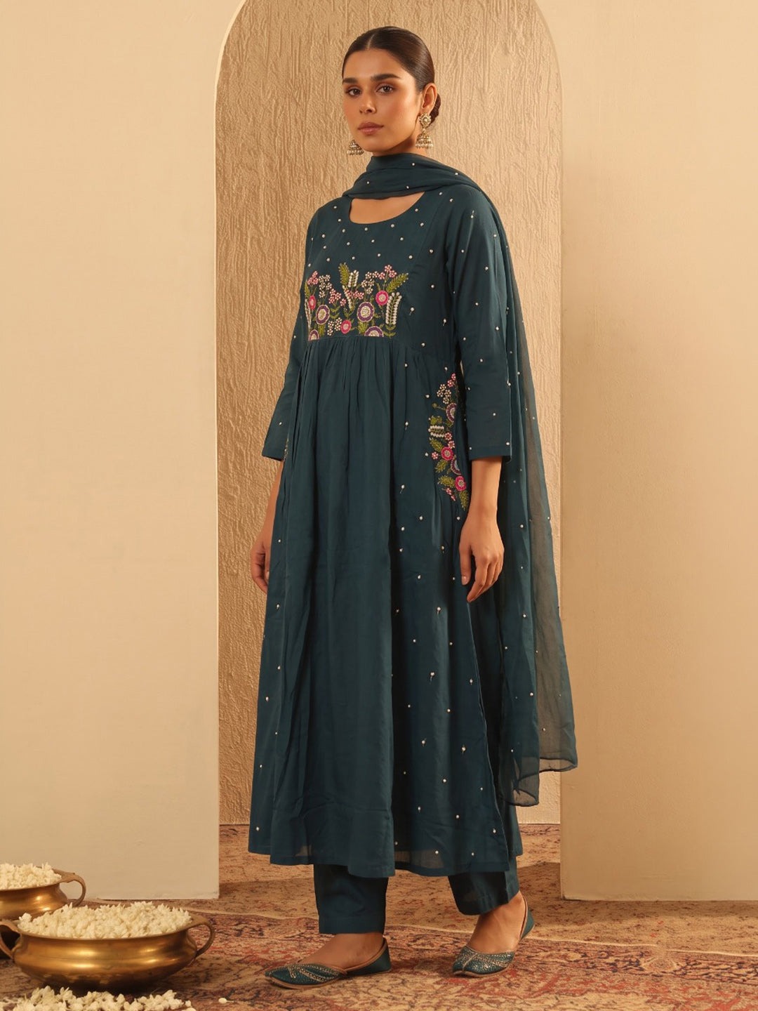 Blue Printed Cotton Blend Kurta With Pant & Dupatta