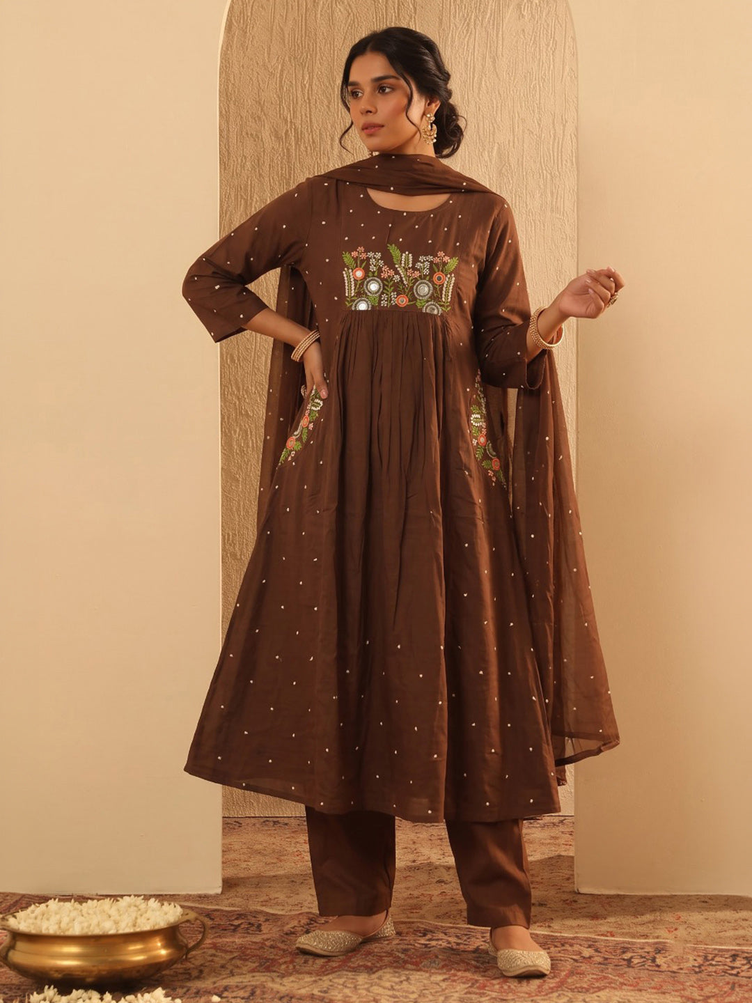 Brown Printed Cotton Blend Kurta With Pant & Dupatta