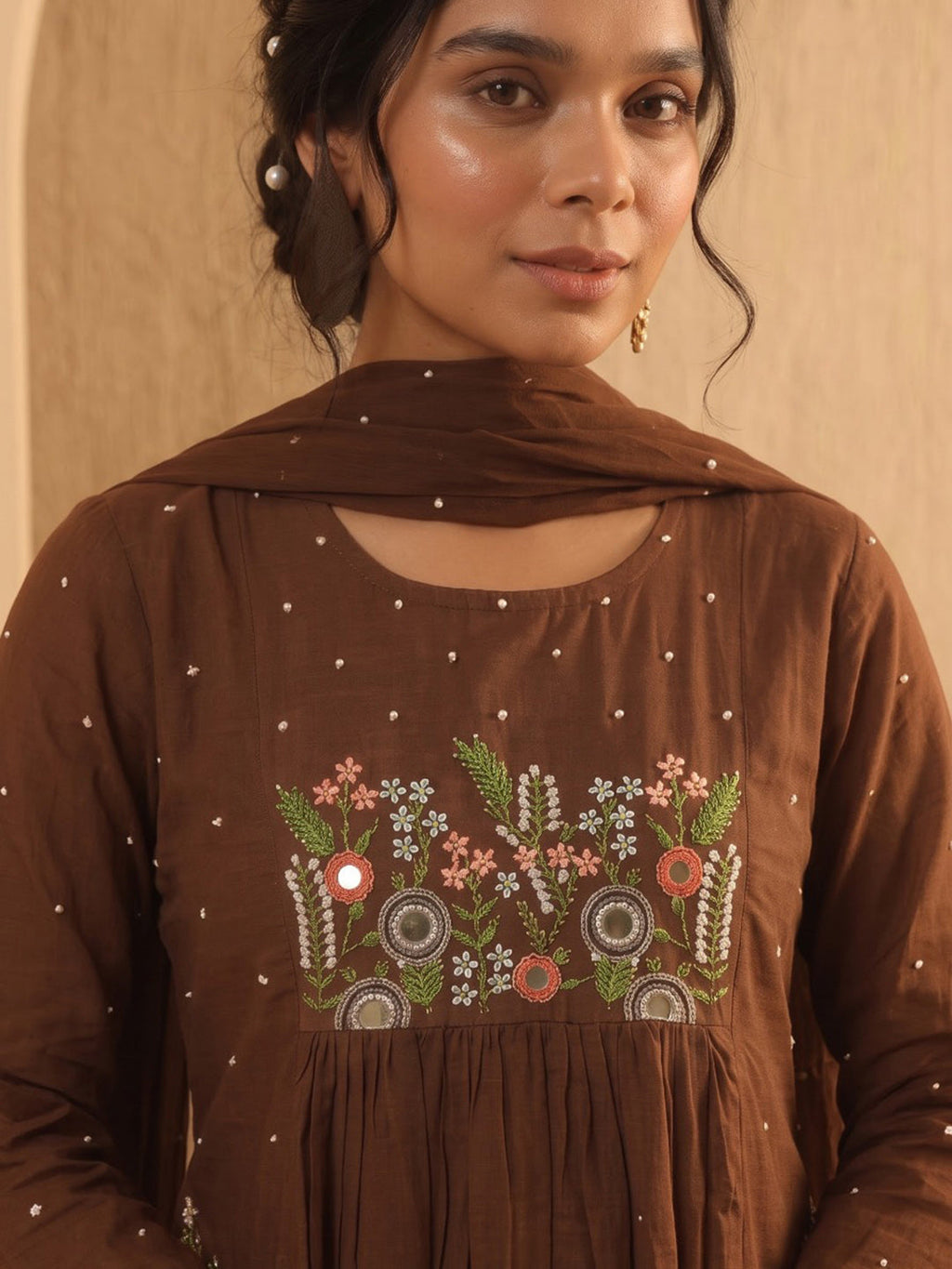 Brown Printed Cotton Blend Kurta With Pant & Dupatta