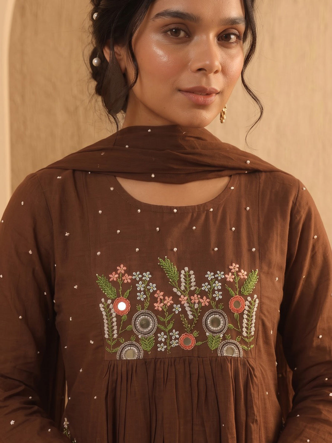 Brown Printed Cotton Blend Kurta With Pant & Dupatta