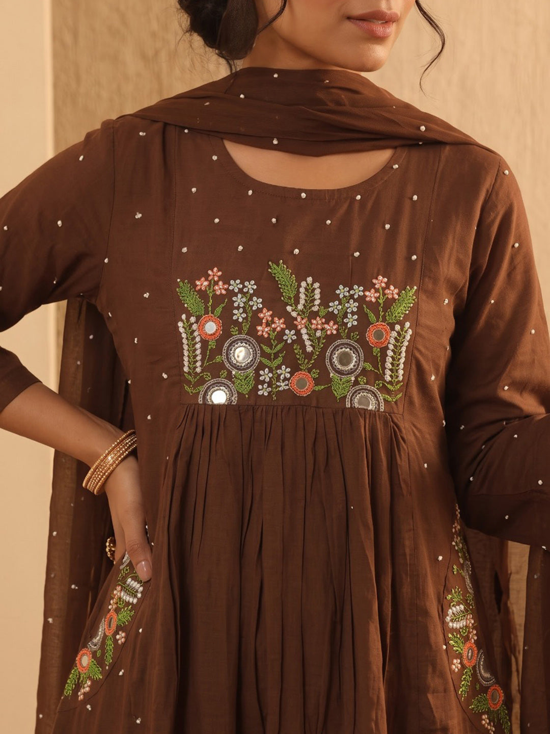 Brown Printed Cotton Blend Kurta With Pant & Dupatta