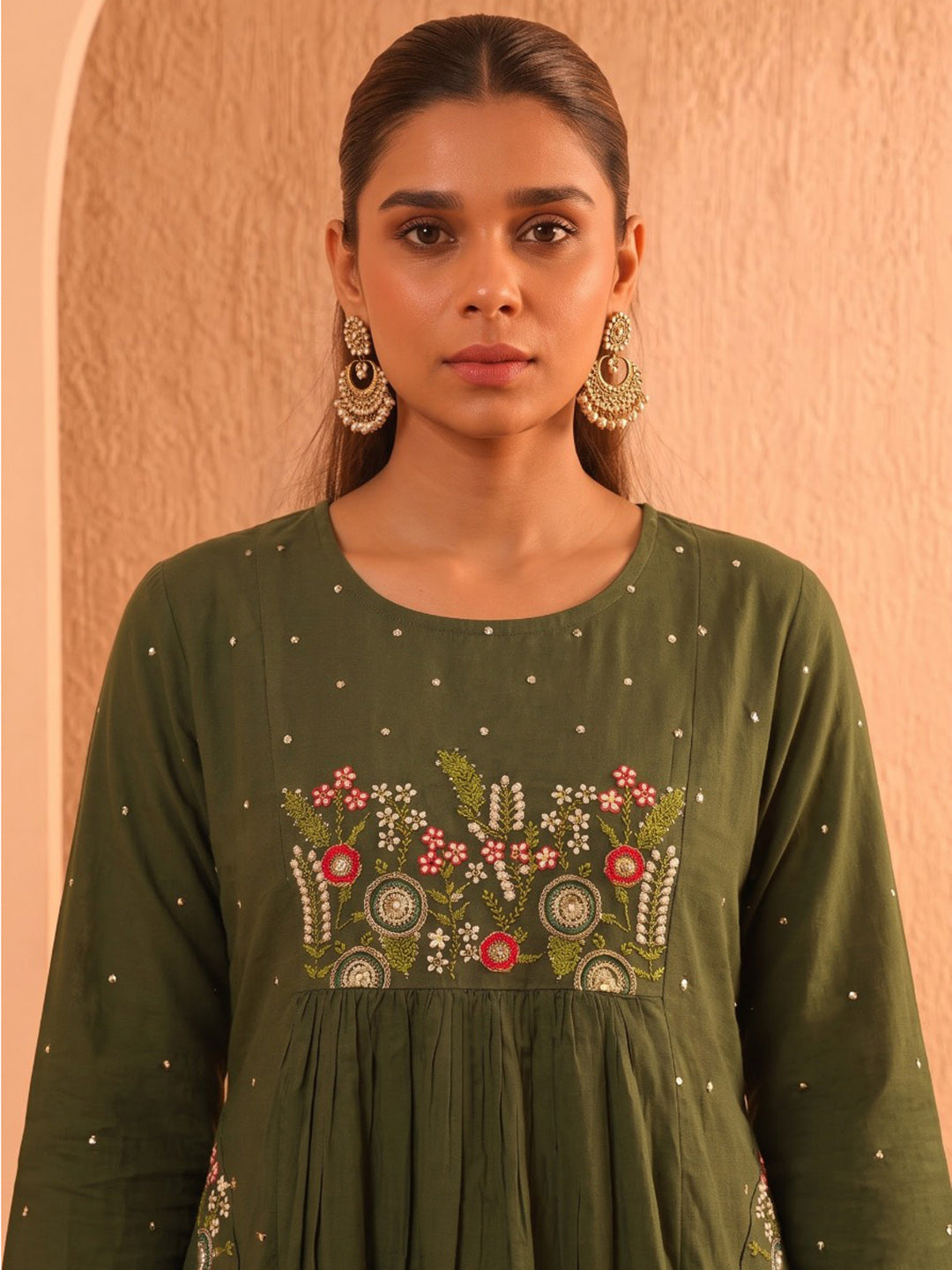 Green Printed Cotton Blend Kurta With Pant & Dupatta