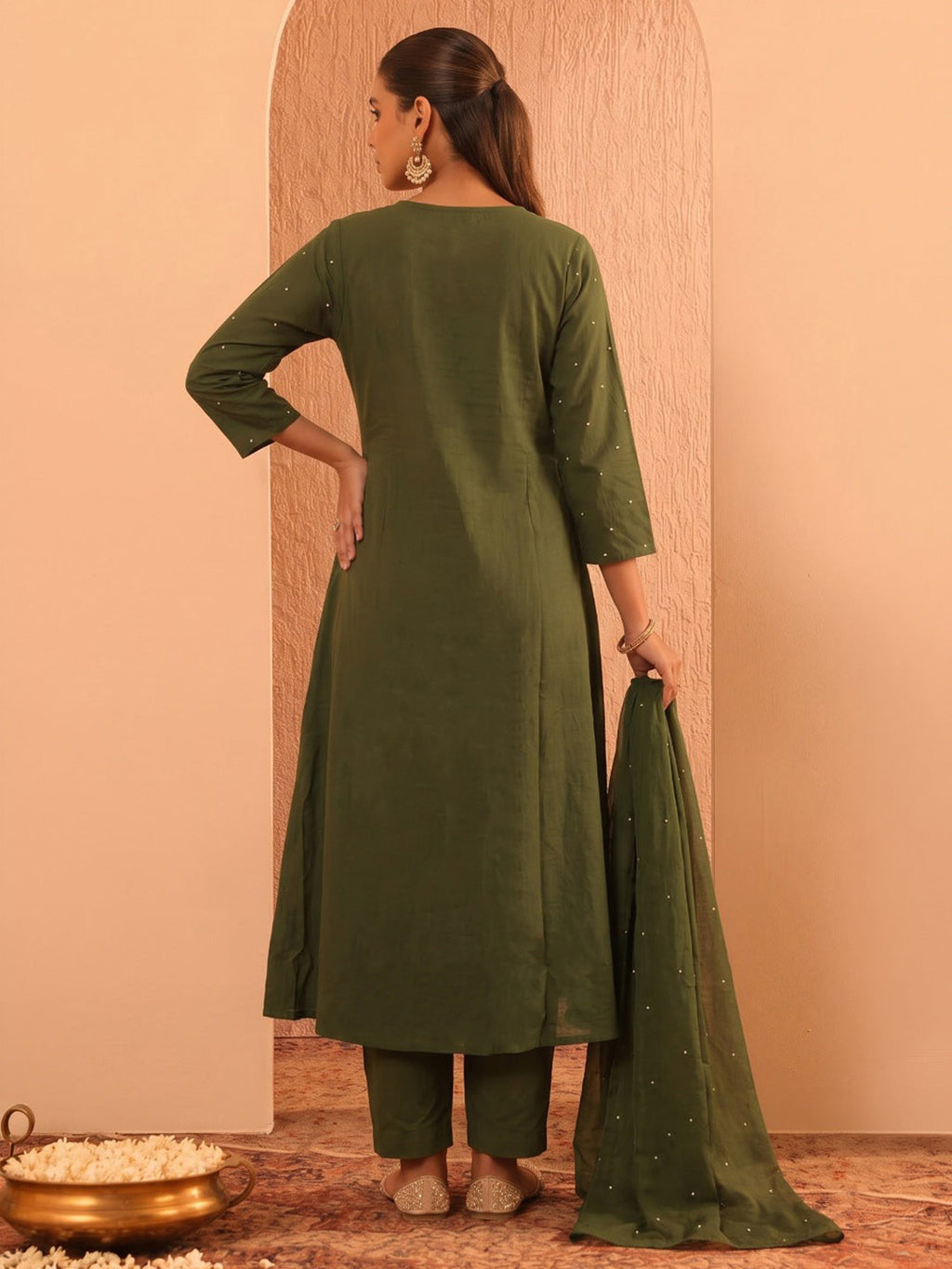 Green Printed Cotton Blend Kurta With Pant & Dupatta