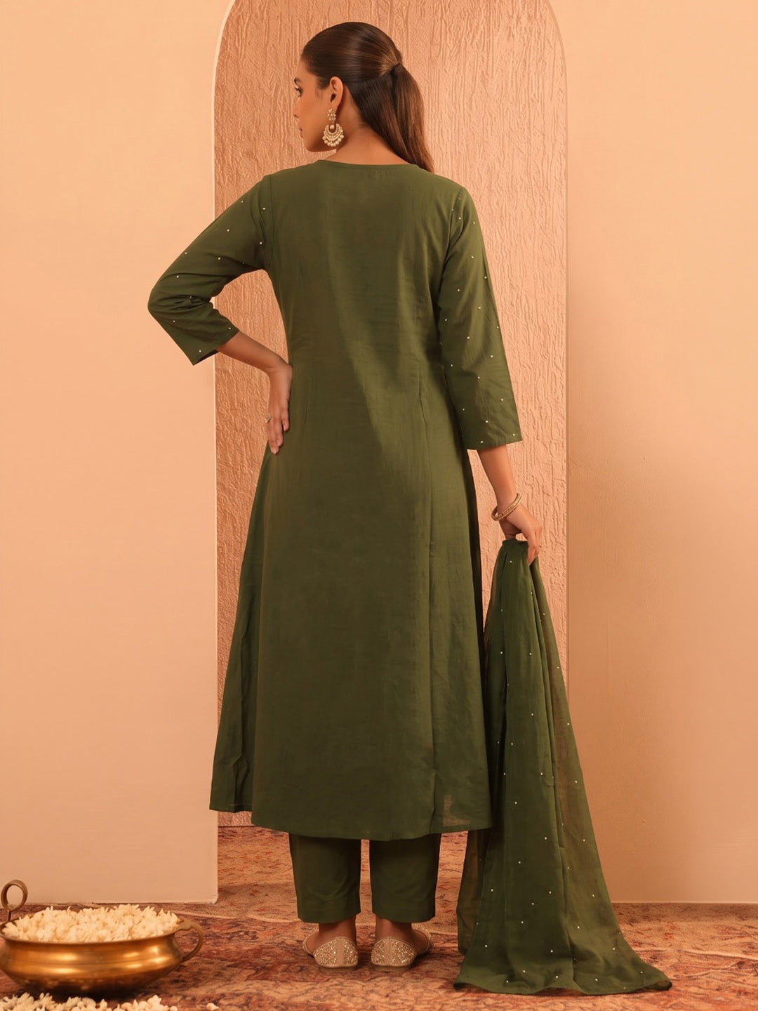 Green Printed Cotton Blend Kurta With Pant & Dupatta