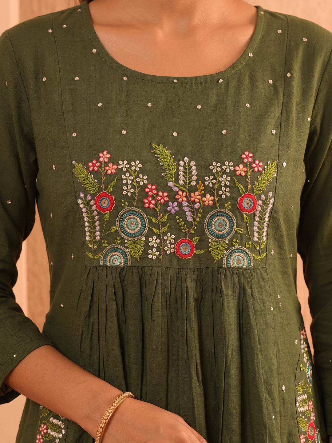 Green Printed Cotton Blend Kurta With Pant & Dupatta