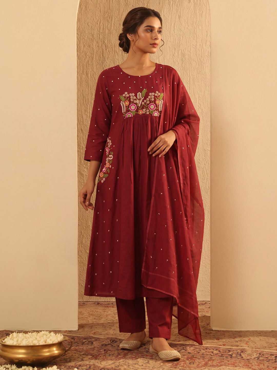 Maroon Printed Cotton Blend Kurta With Pant & Dupatta