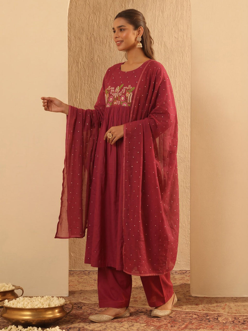 Maroon Printed Cotton Blend Kurta With Pant & Dupatta